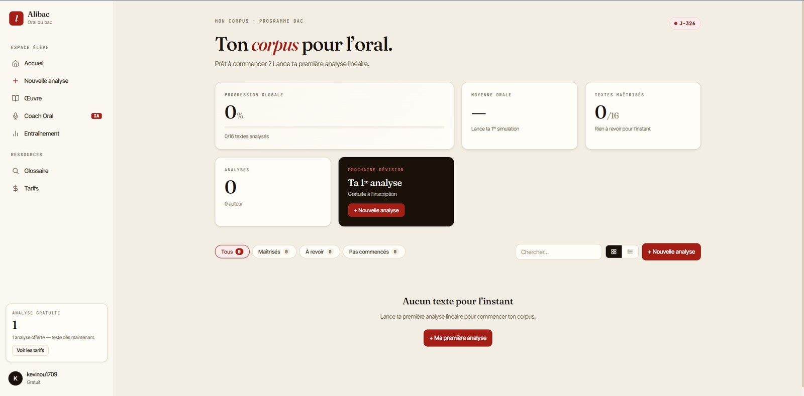 Alibac — Espace élève — suivi des 16 textes