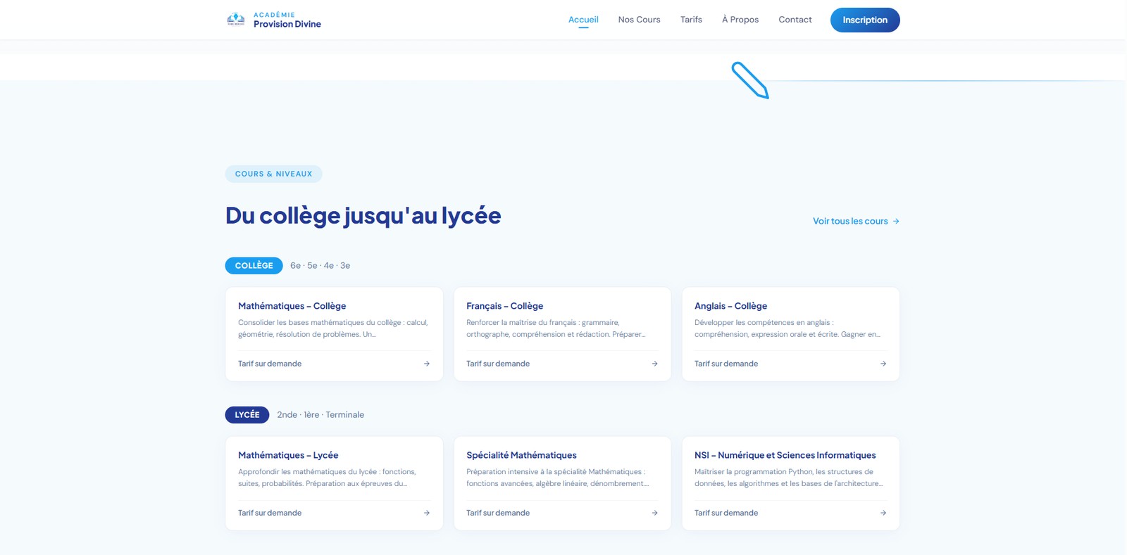 Académie Provision Divine — Cours par niveau